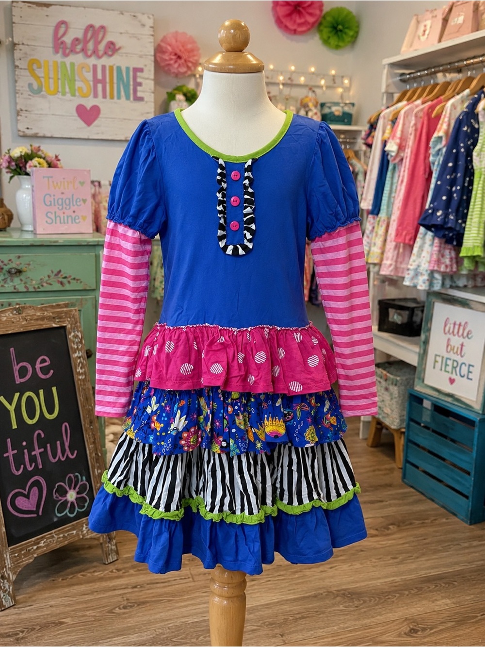 Jelly The Pug Blue Dress with Pink Striped Sleeves and Patterned Ruffles